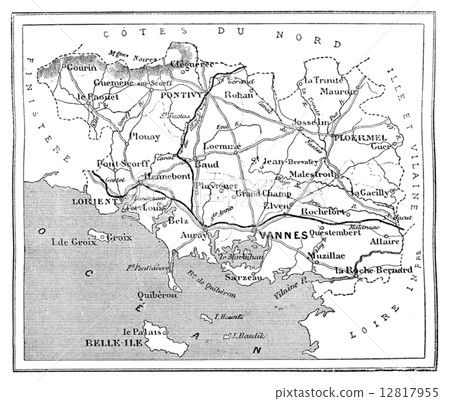 Map of the department of Morbihan, vintage engraving. Map of the department of Morbihan, vintage engraving. 12817955