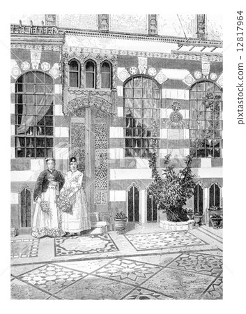 Two Women in a House in Acre, Israel, vintage engraving 12817964