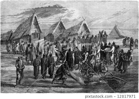 The punishment of yards, vintage engraving. 12817971