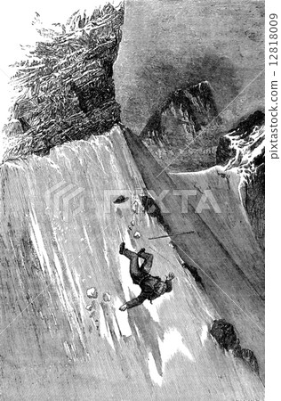 Fall of Mr. Whymper to Col du Lion, vintage engraving. 12818009