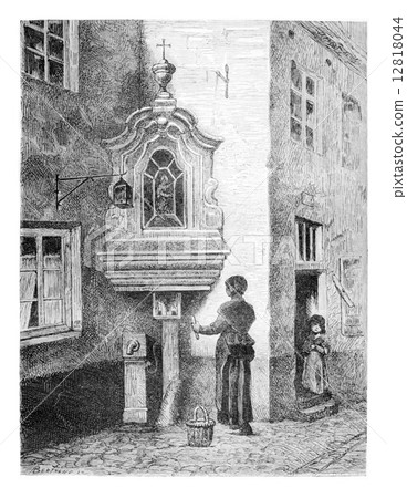 Old Brussels, View of a Street in San Marino, vintage engraving 12818044