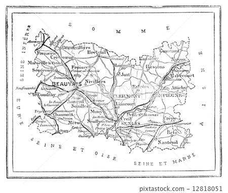 Map of the department of Oise, vintage engraving. 12818051