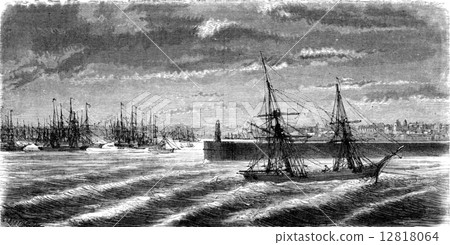 The port of Cardiff, vintage engraving. 12818064