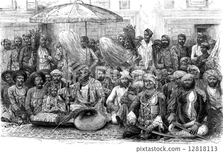 Darbar of Maharaj Rana Dholepore, vintage engraving. Darbar of Maharaj Rana Dholepore, vintage engraving. 12818113