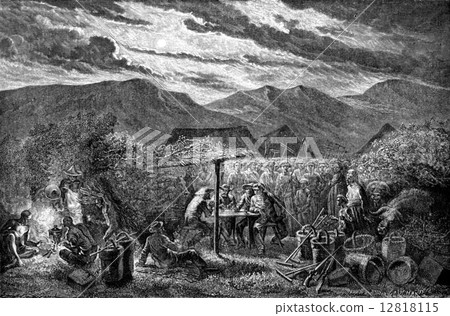 First night on the land of China, vintage engraving. 12818115