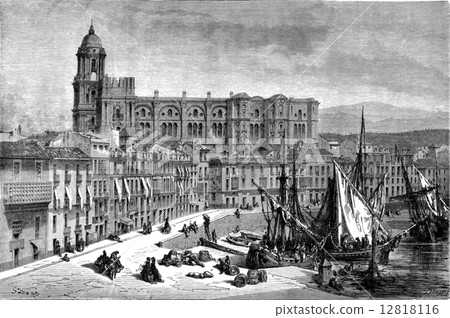 Malaga Cathedral and the port, vintage engraving. Malaga Cathedral and the port, vintage engraving. 12818116
