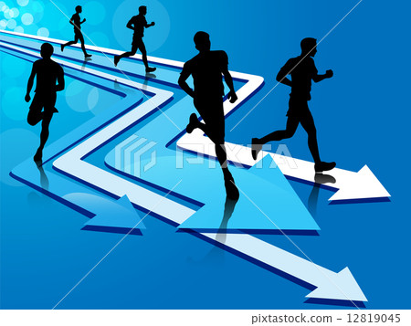 Group of five man running on arrow tracks 12819045