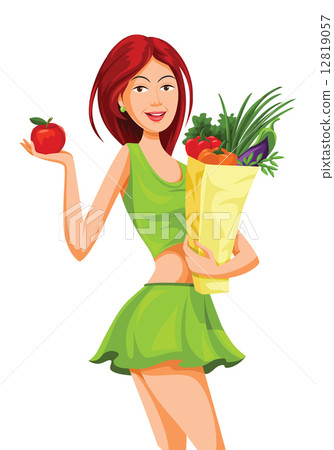 Vector of beautiful woman holding an apple and grocery bag full 12819057