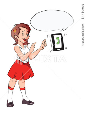 Vector of a thoughtful girl pointing at smartphone with a receiv Vector of a thoughtful girl pointing at smartphone with a receiv 12819605