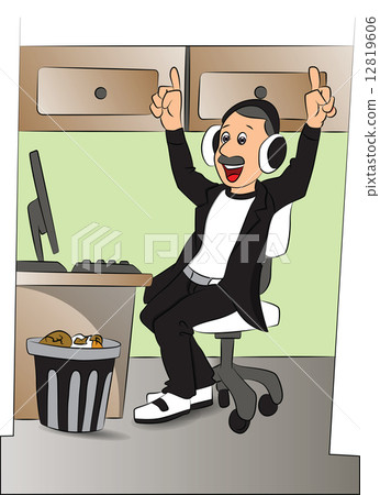 Vector of man listening to music on headphones at office. Vector of man listening to music on headphones at office. 12819606