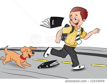 Vector of happy schoolboy running with pet dog, books falling. Vector of happy schoolboy running with pet dog, books falling. 12819849