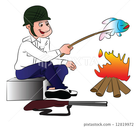 Vector of hunter cooking fish. 12819972