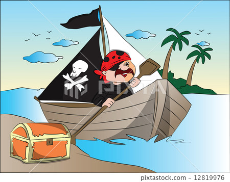 Vector of pirate's boat and treasure chest at riverbank. 12819976