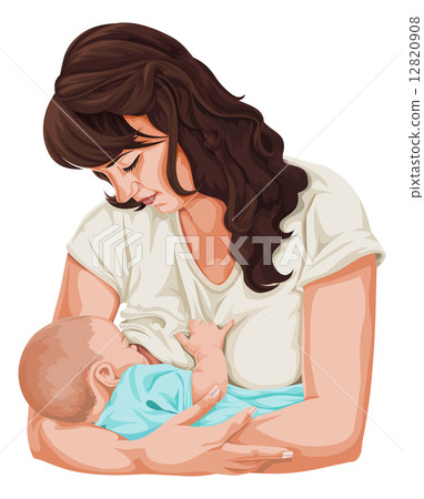 Breastfeeding illustration, mother feeding a baby with breast with