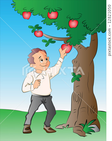 Man Picking Apples from a Tree, illustration 12821050