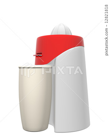 Red and white juicer and tall beige glass, 3D illustration Red and white juicer and tall beige glass, 3D illustration 12821818
