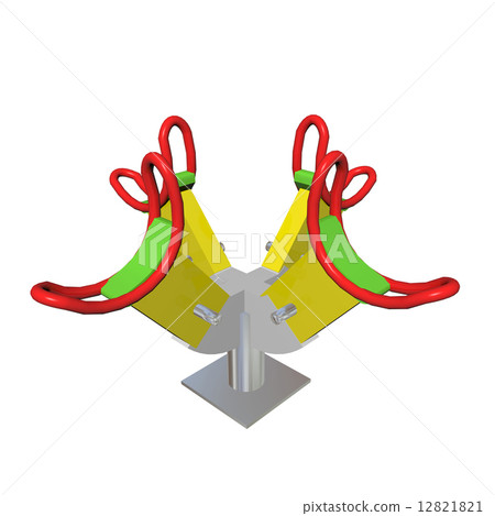 Red, green and yellow four-person children see-saw, 3D illustrat 12821821