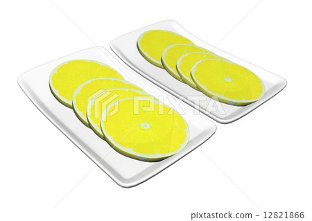 Lemon slices served on rectangular ceramic platters, 3d illustra 12821866