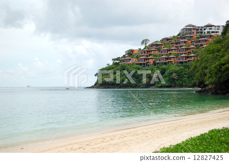 Beach with a view on lagoon with luxury villas on hill, Phuket, 12827425