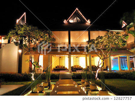 Lounge area and bar of luxury hotel in night illumination, Samui 12827757