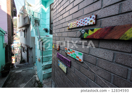 Decorations on wall in Gamcheon Culture Village, Busan, Korea. 12834593