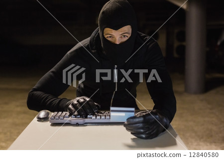 Burglar shopping online with laptop Burglar shopping online with laptop 12840580