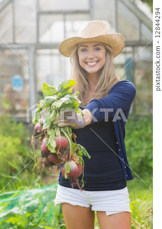 Happy blonde showing home grown vegetables Happy blonde showing home grown vegetables 12844294