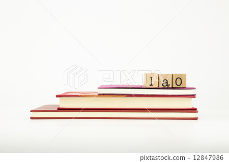 lao language word on wood stamps and books 12847986