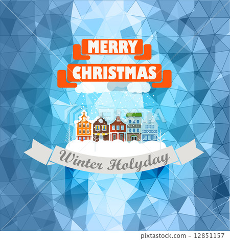 Vintage buildings with snowfall on Winter. Christmas greeting ca 12851157