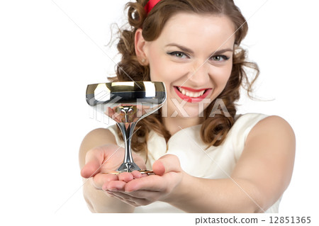 Portrait of smiling woman with metal snifter 12851365