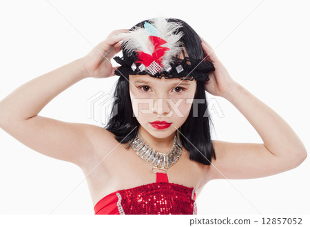 Little Girl in Wig and Red Dress in 1930ties Style 12857052