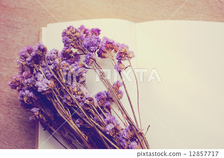 Blank notebook and dried statice flowers with retro filter effec 12857717