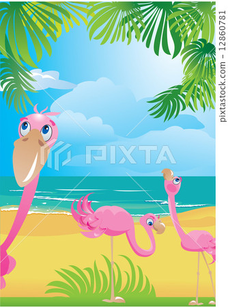 Portrait border with flamingos on beautiful tropical beach. Portrait border with flamingos on beautiful tropical beach. 12860781