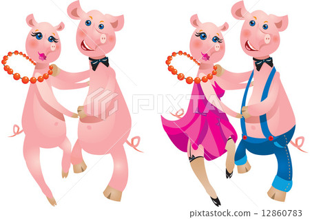A happy cartoon couple of pigs dancing. 12860783