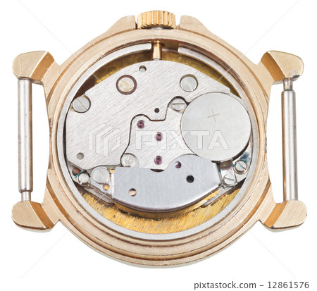 quartz clock mechanism in old golden watch 12861576