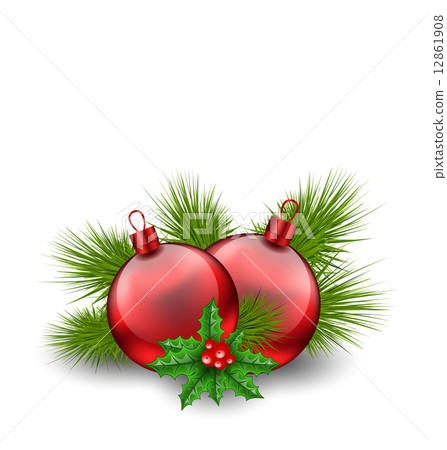 Christmas red glass balls with fir twigs and holly berry, on whi Christmas red glass balls with fir twigs and holly berry, on whi 12861908