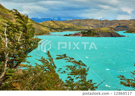 Scenic view of Pehoe lake in Torres del Paine 12868517