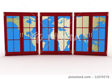 3d closed plastic windows wiht map of world on white background 3d closed plastic windows wiht map of world on white background 12870578