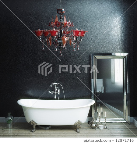 Vintage bathtub and chandelier in black wall interior 12871716