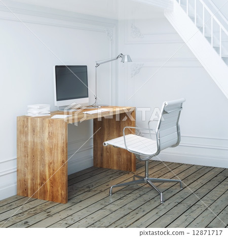 Working place interior design with stairs and white armchair Working place interior design with stairs and white armchair 12871717