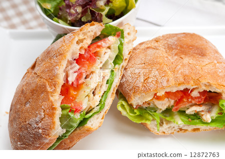 ciabatta panini sandwich with chicken and tomato ciabatta panini sandwich with chicken and tomato 12872763