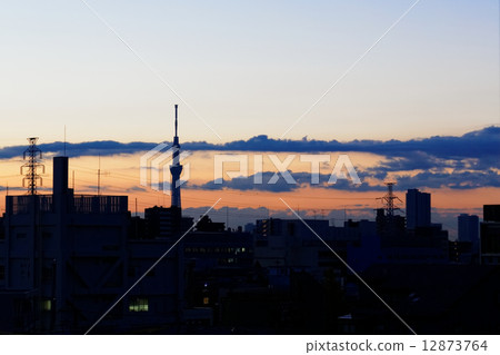 Downtown of the morning glow and the Tokyo Sky Tree in the blue sky 12873764