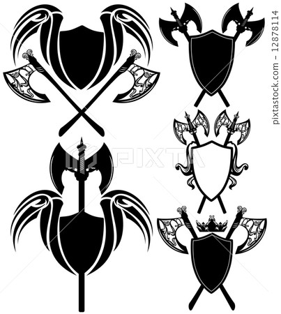 shields and axes detailed design elements - black and white vector emblems collection 12878114