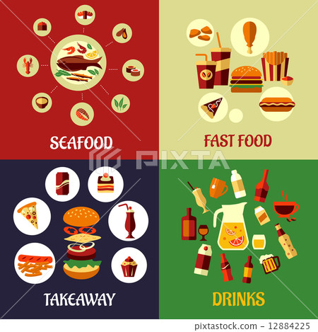 Seafood, fast food and drinks flat icons 12884225