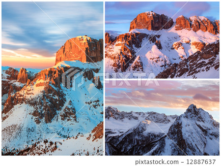collage of high mountains snowy winter landscapes  12887637