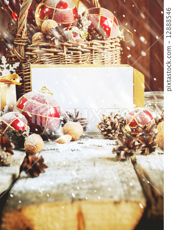 Card with White Letter in Composition on Christmas Table. Drawin 12888546