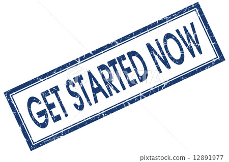 get started now blue square stamp isolated on white background 12891977