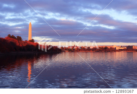 Tidal Basin and the Washington Memorial Tower at autumnal leaves at sunset Tidal Basin and the Washington Memorial Tower at autumnal leaves at sunset 12893167