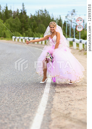 Bride hitching on a road 12893858
