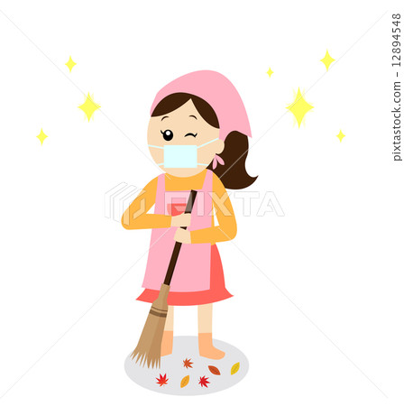 清洗下落的葉子的婦女用笤帚 12894548